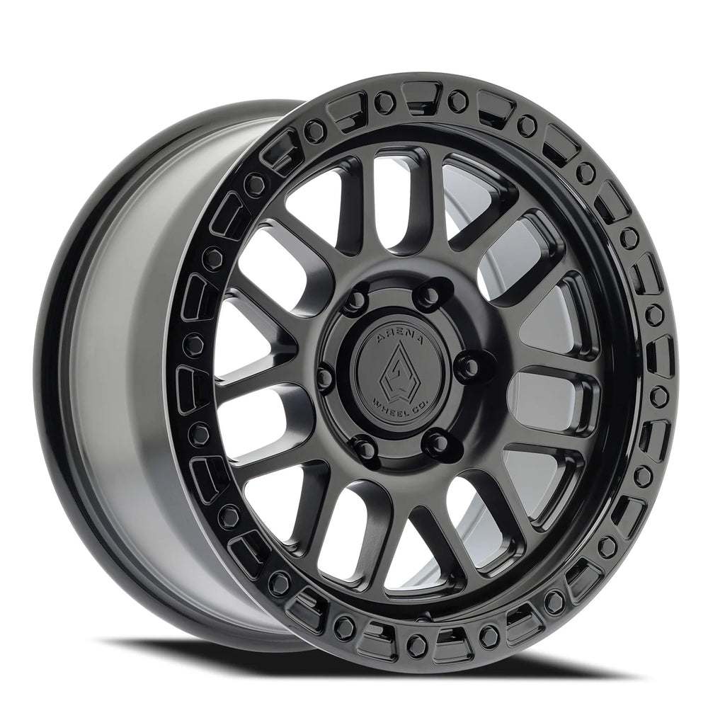 17X9 ARENA OFF-ROAD A119 BOOST WHEEL -  5X127 BOLT PATTERN AND -12mm OFFSET - SATIN BLACK CENTER GLOSSY BLACK LIP