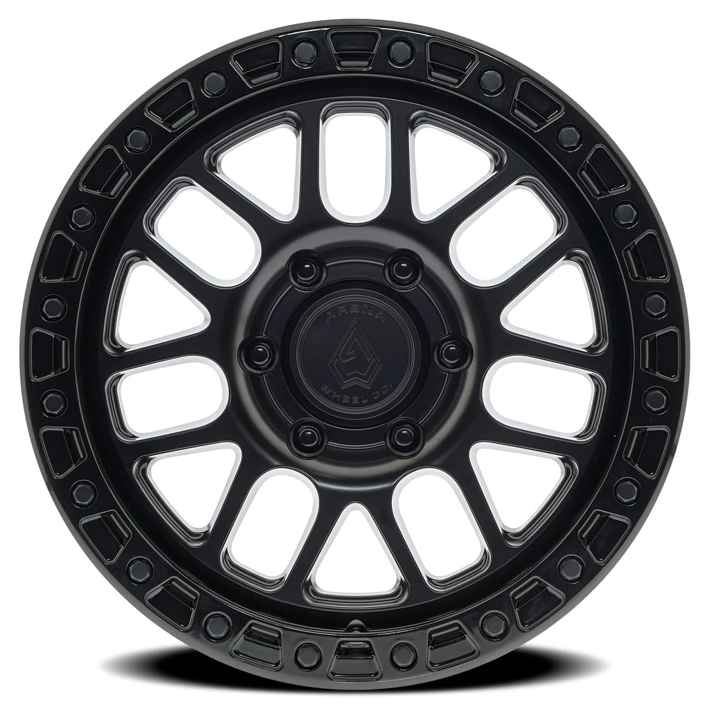 17X9 ARENA OFF-ROAD A119 BOOST WHEEL -  5X127 BOLT PATTERN AND -12mm OFFSET - SATIN BLACK CENTER GLOSSY BLACK LIP
