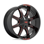 20X10 MOTO METAL MO970 WHEELS - BLACK & RED - 5X5.5(139.7) & 5X5(127) with 33/35X12.50R20 TBB R/T TIRES - SET OF 5
