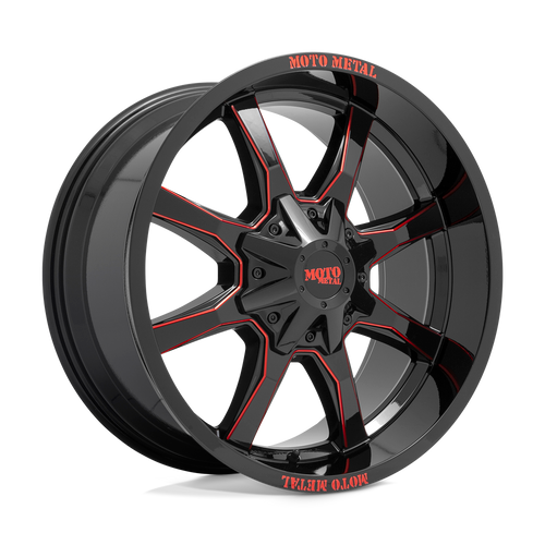 20X10 MOTO METAL MO970 WHEELS - BLACK & RED - 5X5.5(139.7) & 5X5(127) with 33/35X12.50R20 TBB R/T TIRES - SET OF 5