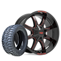 20X10 MOTO METAL MO970 WHEELS - BLACK & RED - 5X5.5(139.7) & 5X5(127) with 33/35X12.50R20 TBB R/T TIRES - SET OF 5