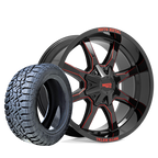 20X10 MOTO METAL MO970 WHEELS - BLACK & RED - 5X5.5(139.7) & 5X5(127) with 33/35X12.50R20 TBB R/T TIRES - SET OF 5