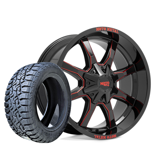 20X10 MOTO METAL MO970 WHEELS - BLACK & RED - 5X5.5(139.7) & 5X5(127) with 33/35X12.50R20 TBB R/T TIRES - SET OF 5